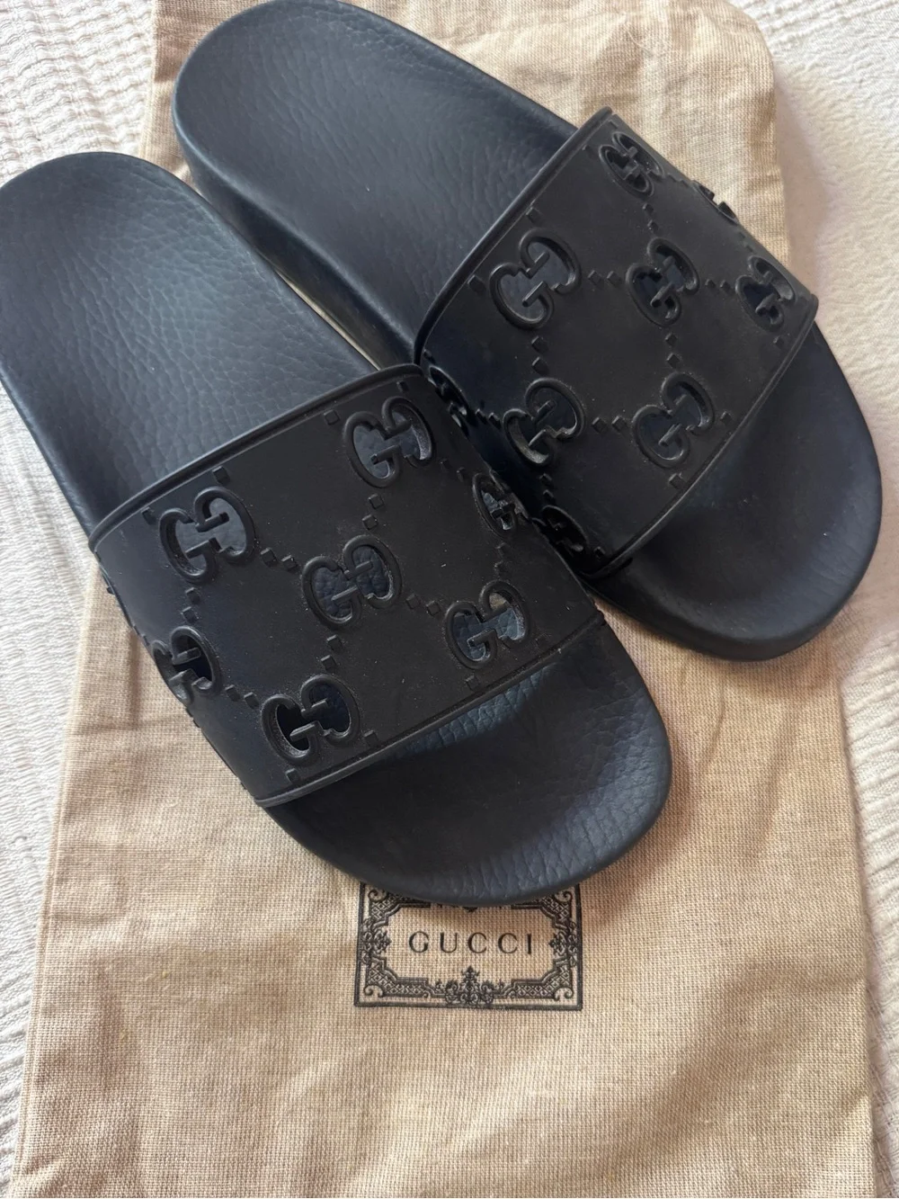 Gucci Black Embossed GG Rubber Slide Sandals Gucci Rubber Slide Sandals With Embossed Gg Detail - Black  main image 2